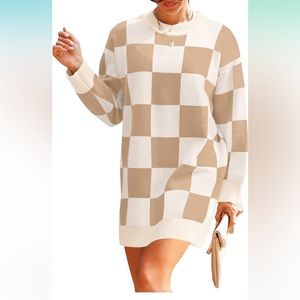 Casual Long Sleeve Tunic Sweater Dress Plaid Knit Oversized Pullover Jumper Tops